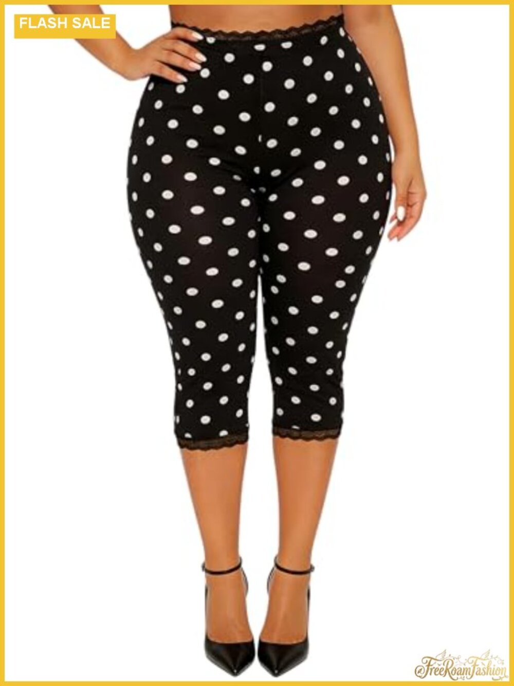 Women Lace Trim Capri Leggings High Waisted Stretchy Yoga Pants with Scalloped